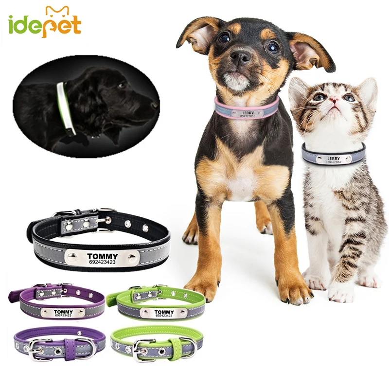 Reflective Leather Customized Cat Collar Personalized ID Collar Engrave Name Phone Number Free Engraving Dog Collar Accessory