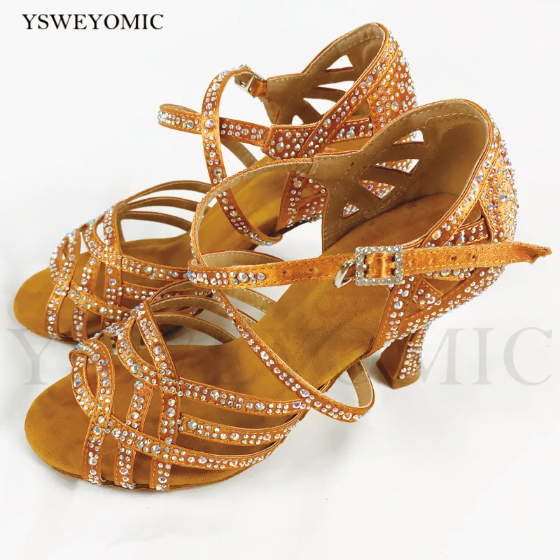 2021 Spring New Style Latin Bachata Salsa Dance Shoes Women Suede Outsole Tan Satin Rhinestones Latin Dance Shoes in 3inch Heel