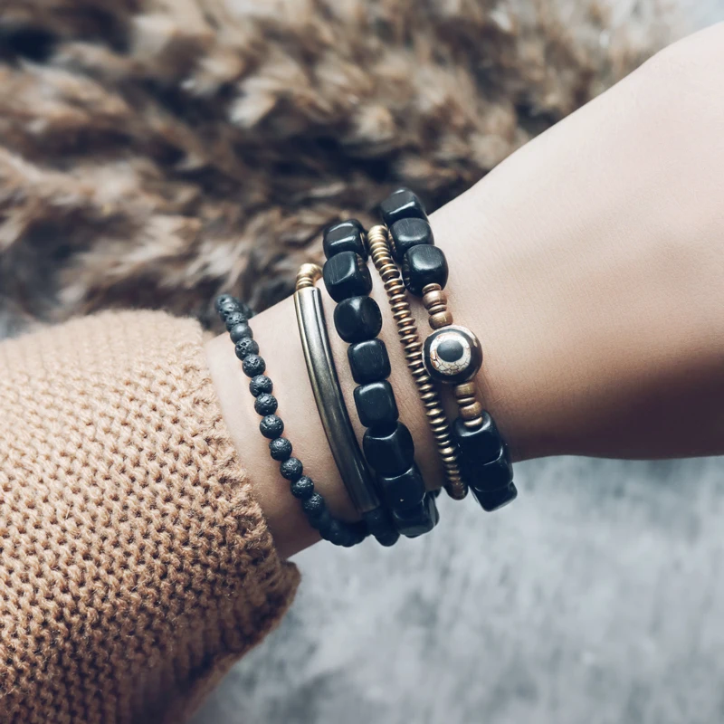 Set Ebony Brass Two Tone Rustic Hand Forged Bracelet Oxidized Hammered Charm Jewelry Individual Wrist Accessory Unisex