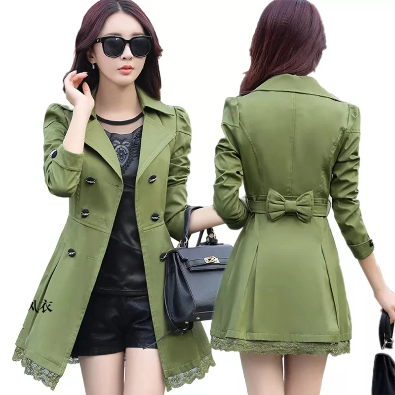 

Trench Coat Women Spring Autumn Pop Korean Double breasted Windbreaker Female Coat Ladies Mid-Long Lace Splicing Outerwear Tops