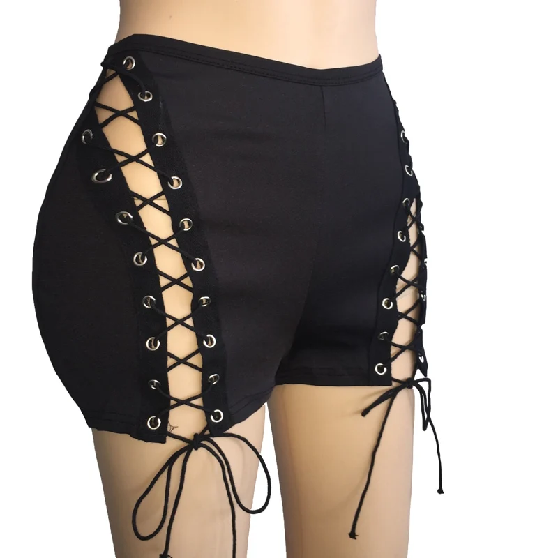 

Summer Sexy Lace Up Shorts for Women High Waist Plus Size Black Zipper Spandex Hollow Out Streetwear Club Pants Woman Bottoms