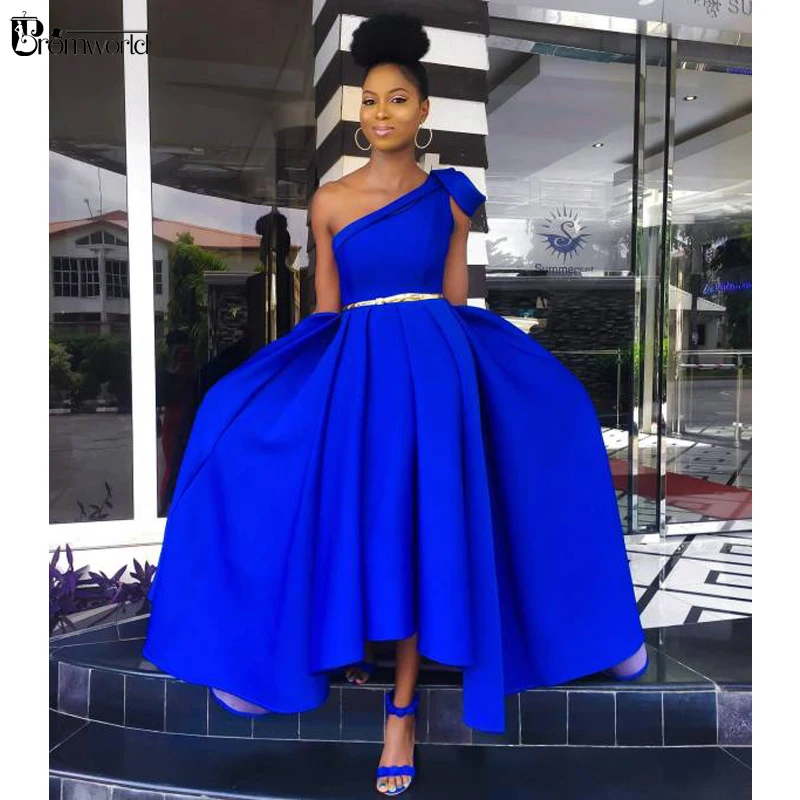 

Royal Blue A-Line Tea Length Evening Dresses Woman Party Night Gold Belt Satin Prom Dress One Shoulder Simple Evening Gown 2022