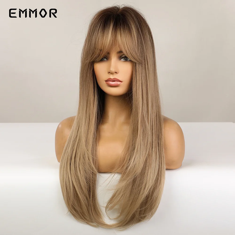 Emmor Synthetic Hair Wigs with Bangs Long Straight Wigs for Women Heat Resistant Ombre Black Brown Golden Blonde Cosplay Wigs