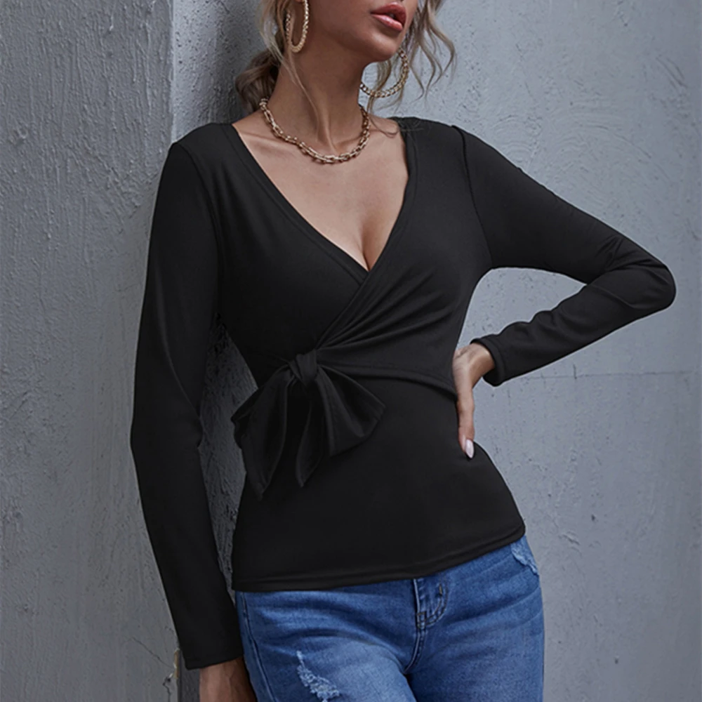 Pdfmily Black Casual Tops And Blouse Women Autumn Winter Solid Deep V-Neck Long Sleeve Shirts Tie Waist Sexy Slim Ladies Blouse