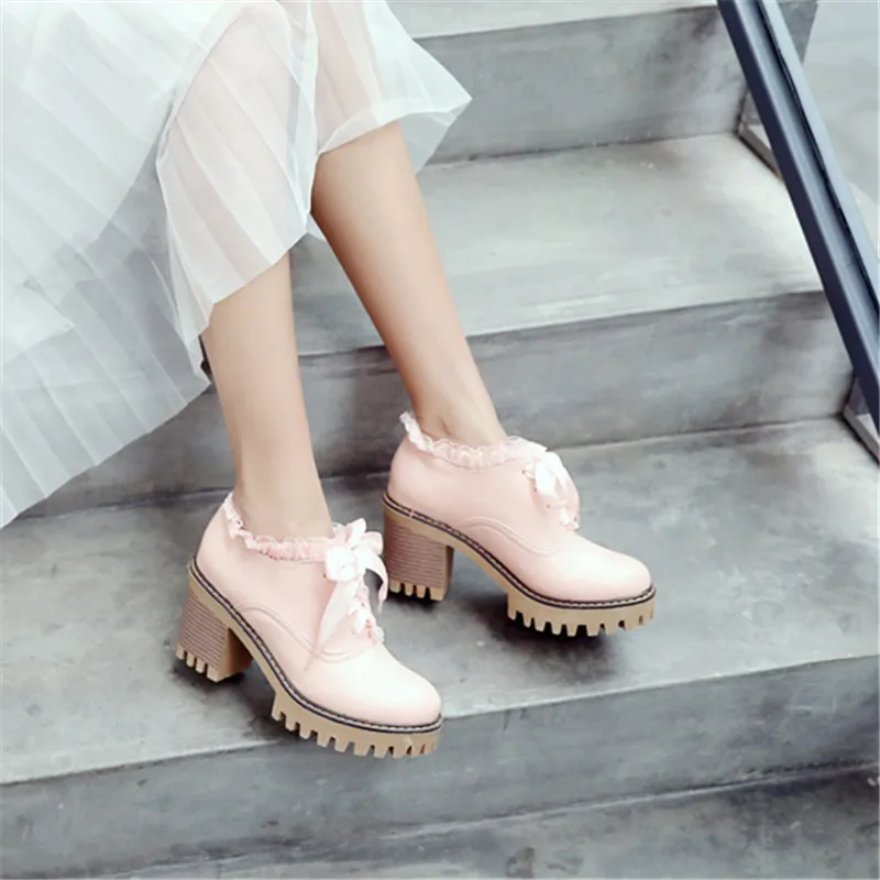 Sweet lace casual shoes fashion thick high heel women size single shoes kawaii girl lovely college student style cosplay shoes