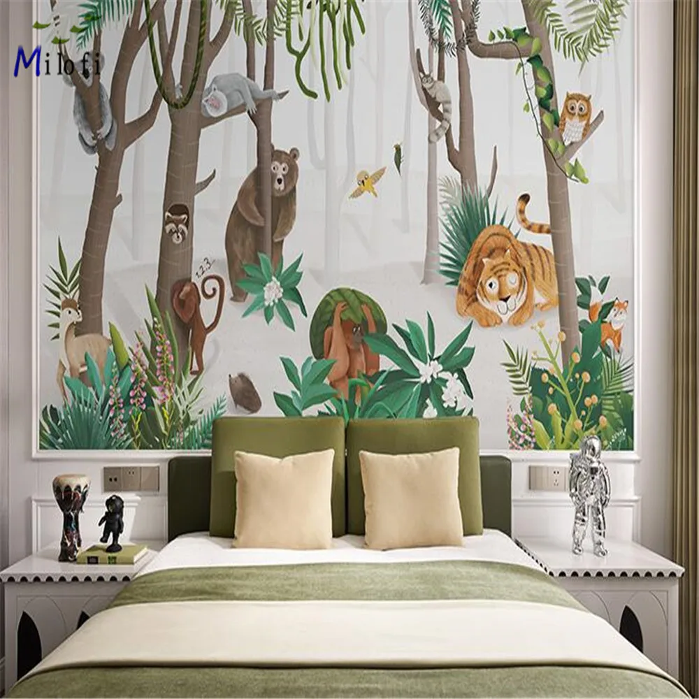 Milofi boys and girls innocence wall covering children's room tiger deer brown bear animal forest mural wallpaper hide and seek