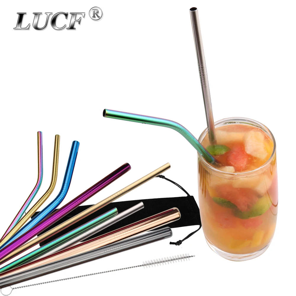 Eco-friendly Reusable Straight/Bent Drinking Colorful Straw With Cleaner Brush Metal 304 Stainless Steel Straws Drop Shipping