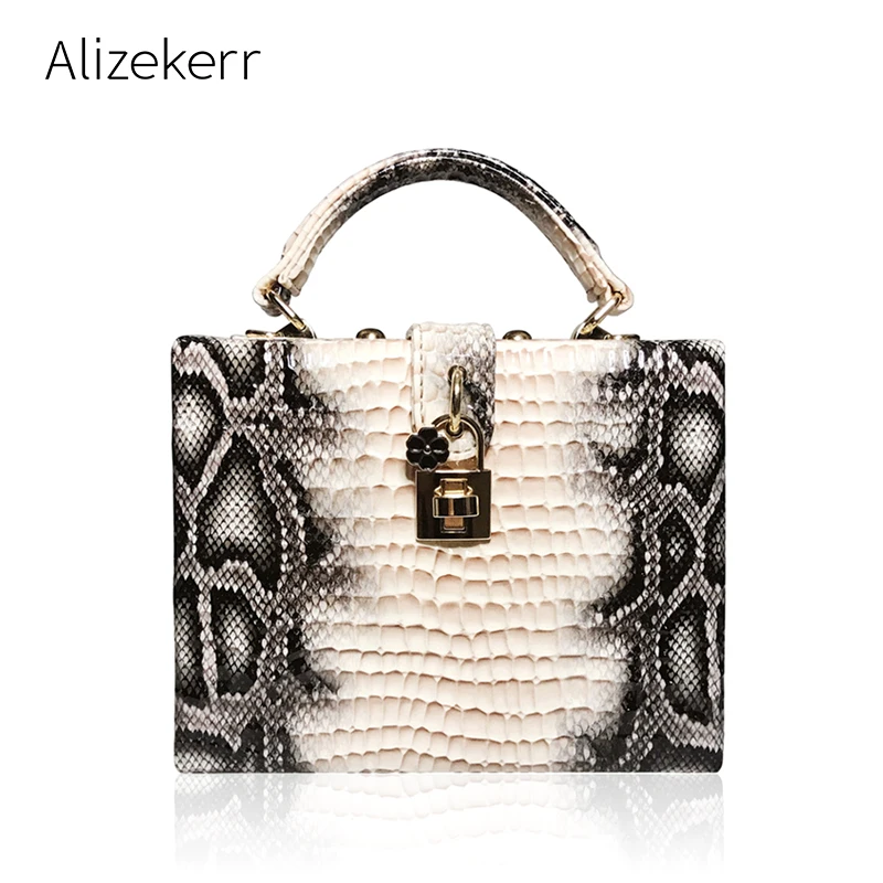 Snake Print Box Handbag Women Serpentine Lock Small Square PU Evening Clutch Shoulder Bag Ladies Dinner Party Purse Personality