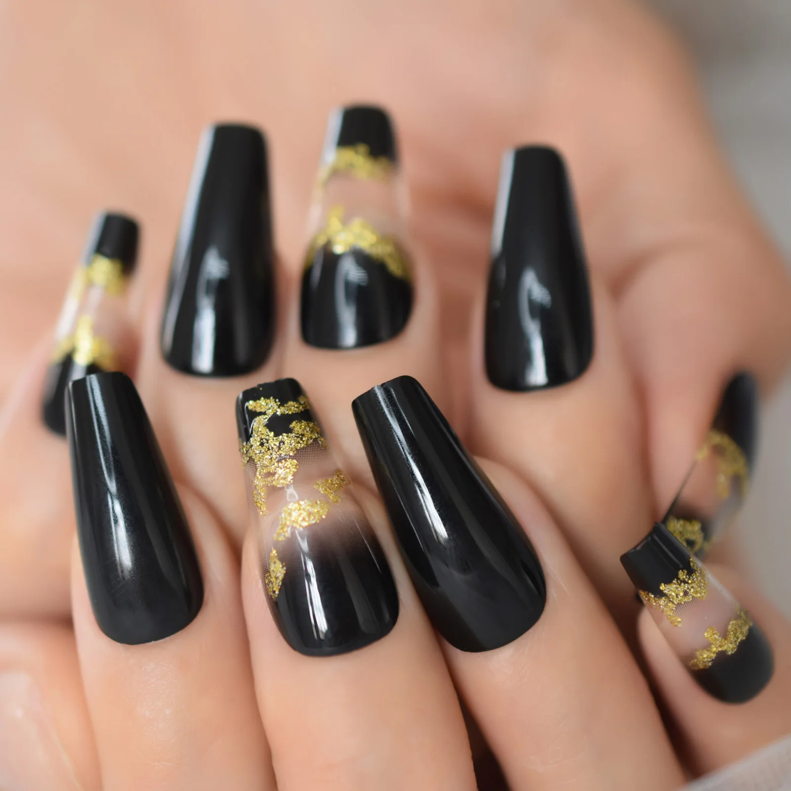 48 pçs brilhante glitter ombre preto claro francês branco bailarina caixão imprensa no falso prego ballet unhas falsas dicas para mulher menina