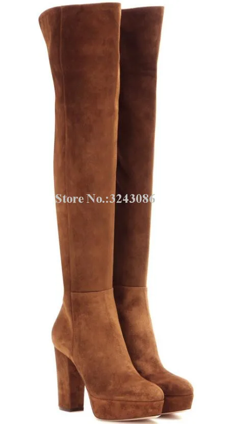 

New Brown Chunky Heel Platform Long Boots Woman Suede Thick Heel Over-the-knee Boots Lady Large Size Banquet Shoes Dropship