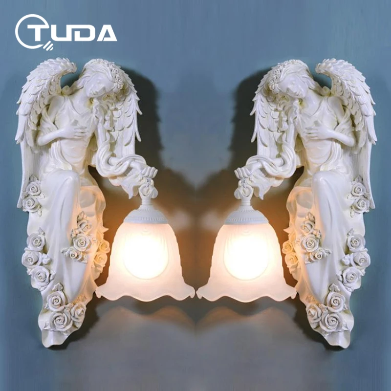 TUDA Free Shipping European Resin Wall Lamp Angel Statue Bedside Lamp For Living Room Wall Lights E27 110V-220V