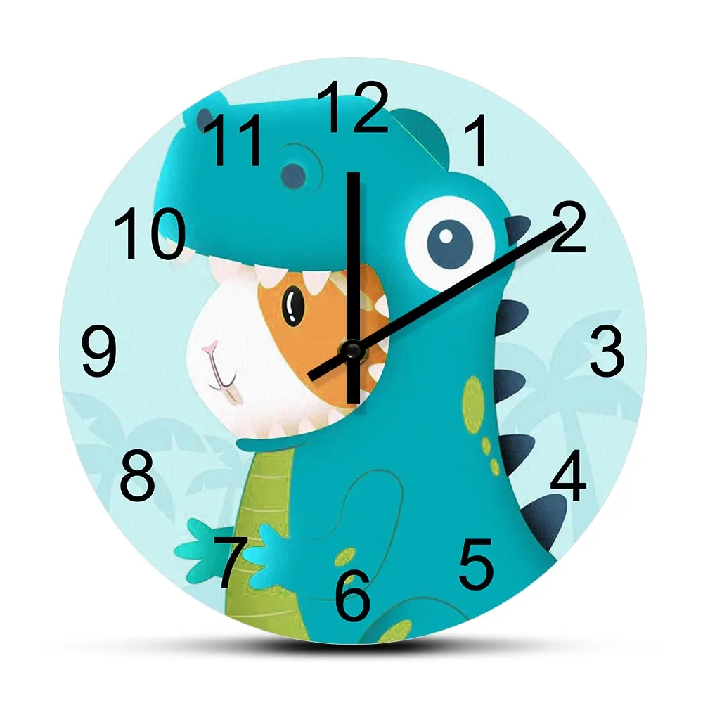 Dinosaur Cartoon Art Printed Wall Clock Boys Room Decor Jurassic Timepieces Silent Move Wall Watch Nursery Children's Wall Art