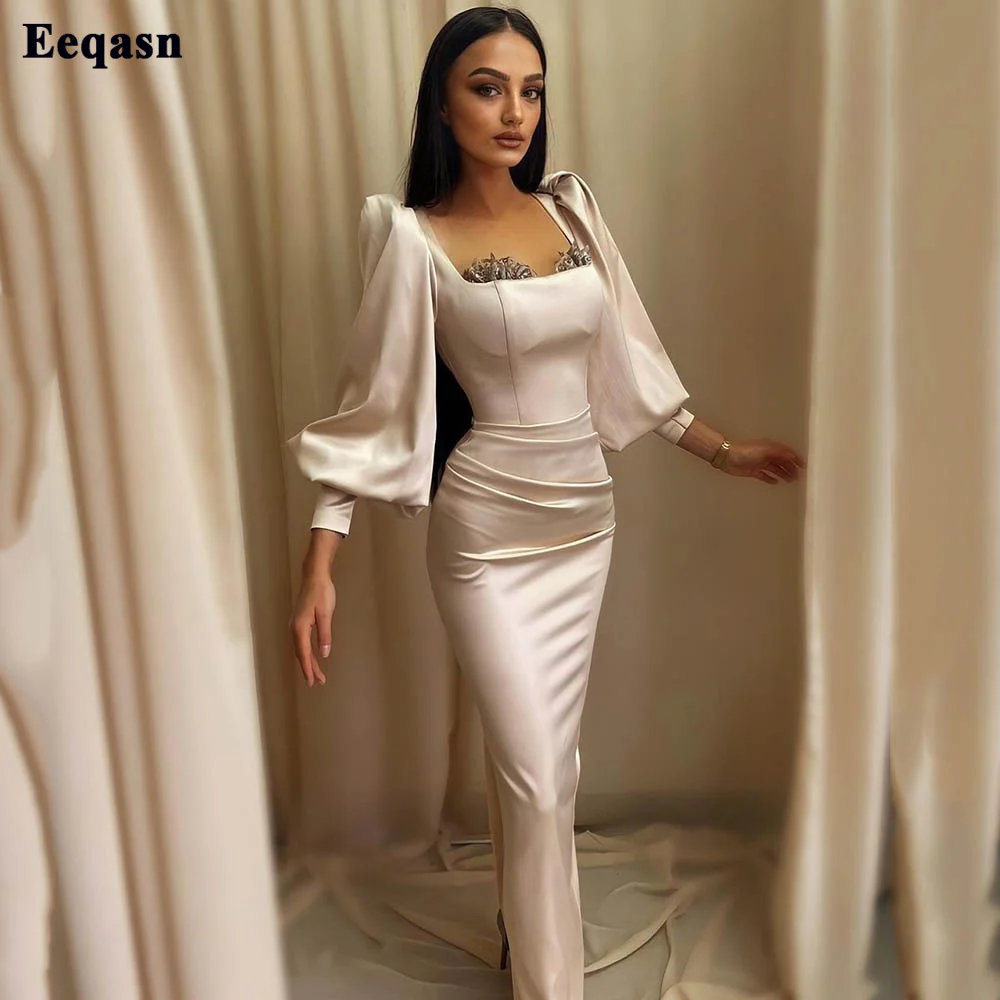 Eeqasn – robe de soirée en dentelle plissée pour femmes, tenue de bal de forme sirène, manches longues bouffantes, pour occasions spéciales