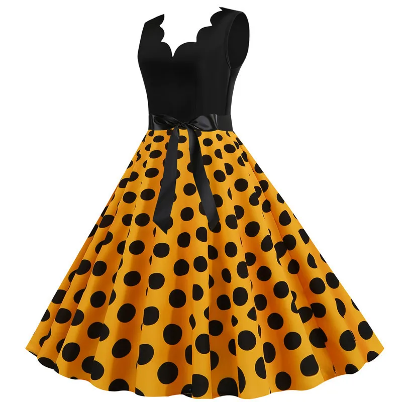 Polka Dot Print Women Summer Dress Black Patchwork Sleeveless V Neck Elegant Vintage Party Casual Midi Dress