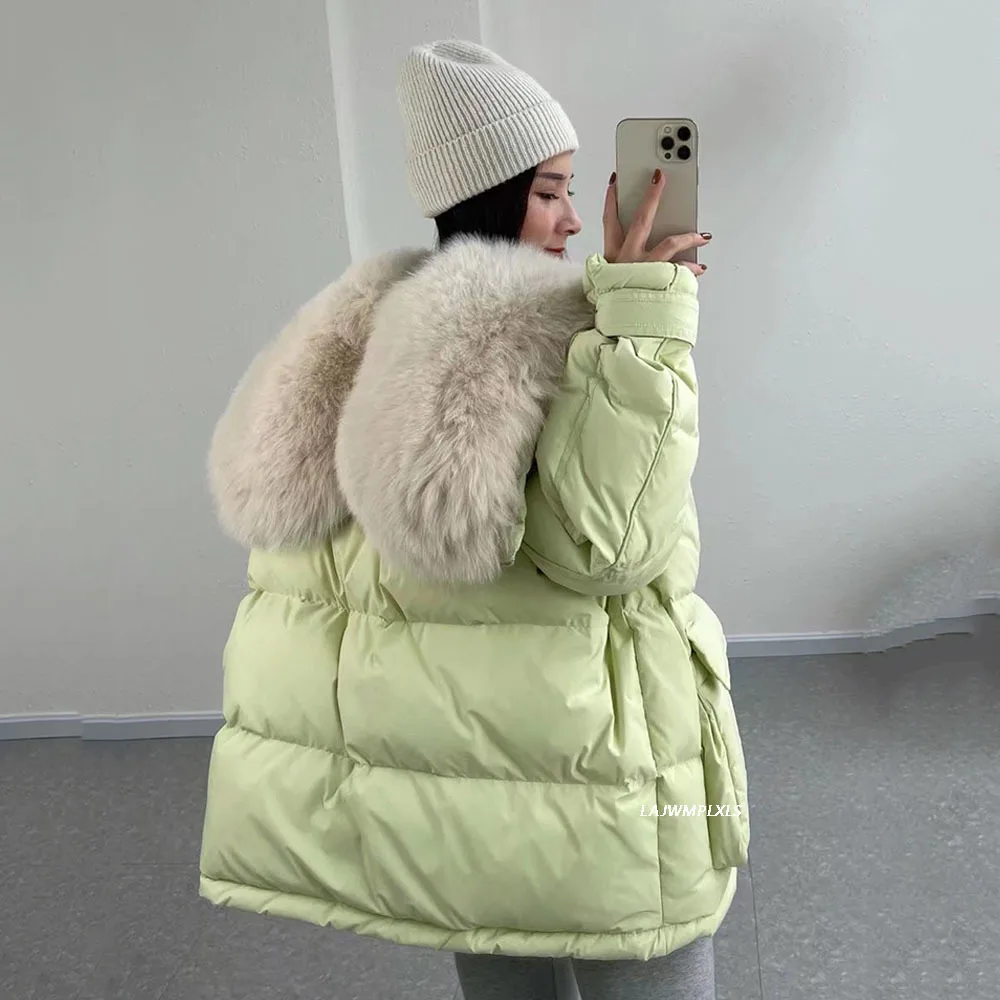 2022 Winter Women Real Fox Fur 90% White Duck Down Coat Female Thick Hooded Puffer Jacket With Big Natural Fur