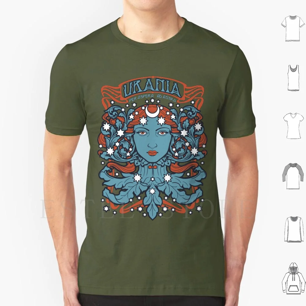 Camiseta Urania-Per Aspera Ad Astra DIY talla grande 100% algodón Urania Muses arte griego Nouveau Dollmaker Gig banda musical estrellas Luna