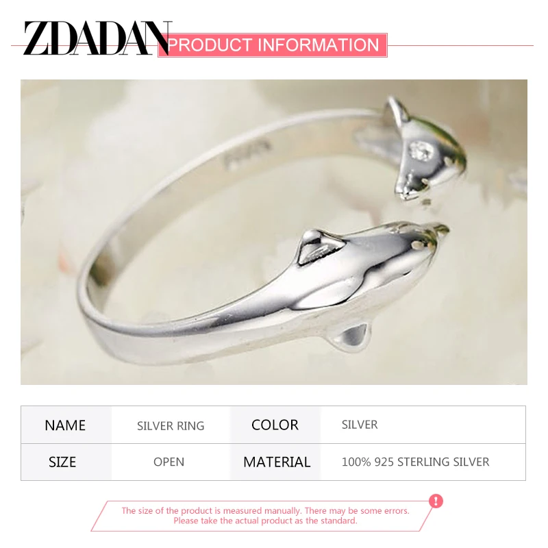 ZDADAN 925 Sterling Silver Double Dolphin Open Ring For Women Fashion Wedding Jewelry Party Gift