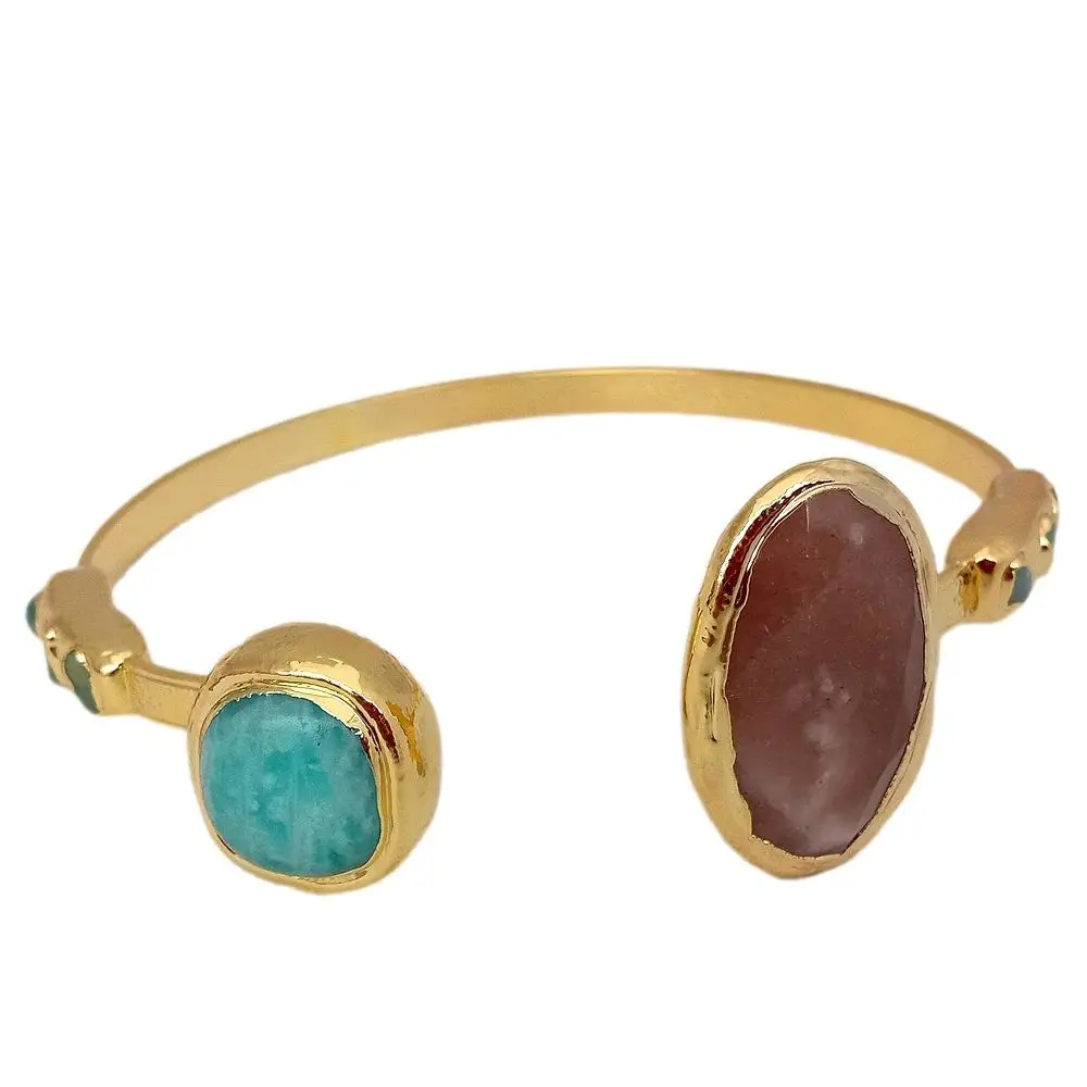 YYGEM Natural Green Peruvian Amazonite Sunstone Gold Electroplated Bangle Bracelet
