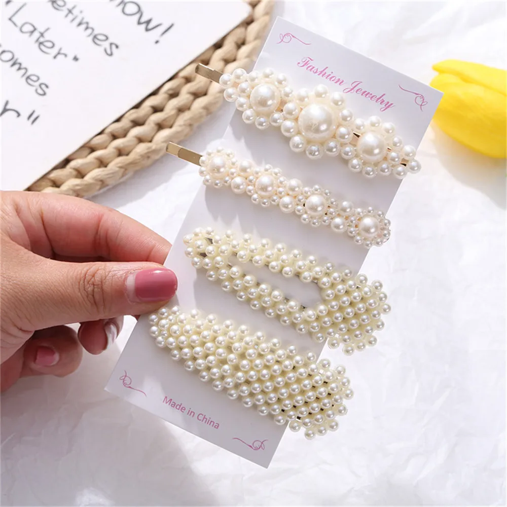 Fashion Women Full Pearl Hair Clips Snap Barrette Stick Hairpins Hair Accessories Hairgrip Gift