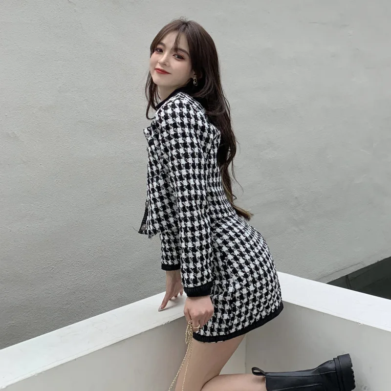 Two-piece Suit 2023 Spring Korean Style Lattice Long Sleeve Slim Sexy Coats Temperament Mini Skirt Fashion Sets Womens Clothing