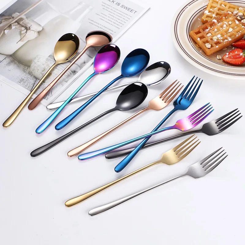 304 stainless steel titanium plated spoon fork creative long handle dessert coffee spoon salad fruit fork cutlery dinner set