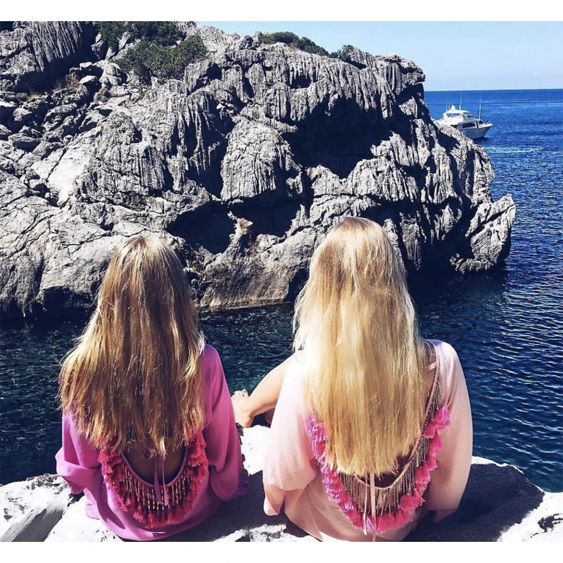 Sexy Hở Lưng Tua Rua Voan Thể Làm Móc Đồ Bơi Đi Biển Đầm Đồ Bơi Nữ Mùa Hè Nữ Cover-Bộ Lưu Điện Đi Biển Pareo