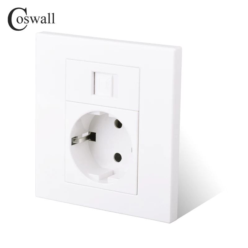 Coswall PC Panel EU Russia Spain Wall Socket + 1 Gang CAT6 RJ45 Internet Computer Data Connector White Color Modular 86*86mm