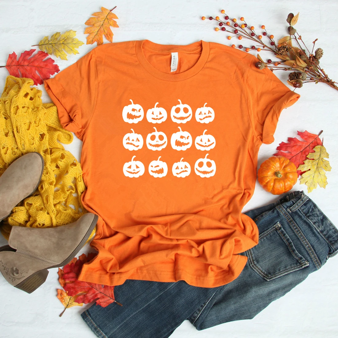 Halloween Pumpkin Print T-Shirt Funny Fall Shirt Pumpkin Smiley Graphic Tee Short Sleeve Unisex Halloween T-shirt Tumblr Tops