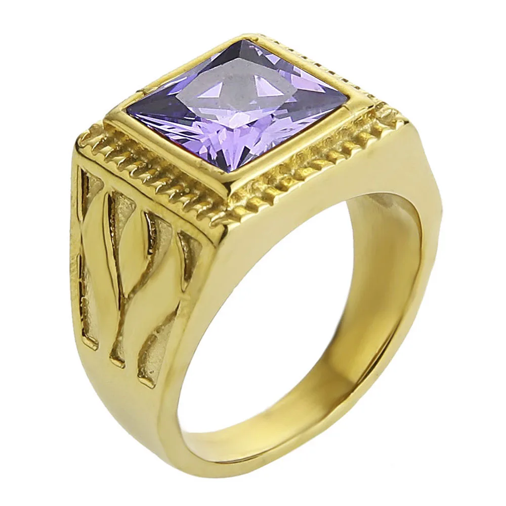 EdgLiFu Men\'s Signet Purple Stone Ring Stainless Steel Gold Color Square Band Ring for Man Women