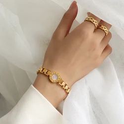 Titanium With 18 K Gold Chunky Watch Band Bracelet Women Stainless Steel Jewelry Party T Show Runway  Gown Japan South Korea