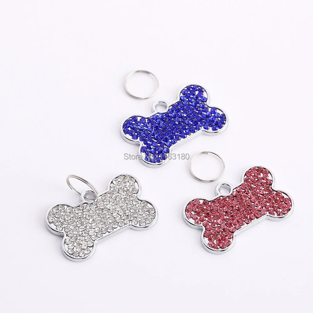 100Pcs/Lot Blank Custom Engraved Personalized Alloy Bone Shaped Rhinestones Dog Cat Pet ID Jewelry Bling Tag Collar Pendant