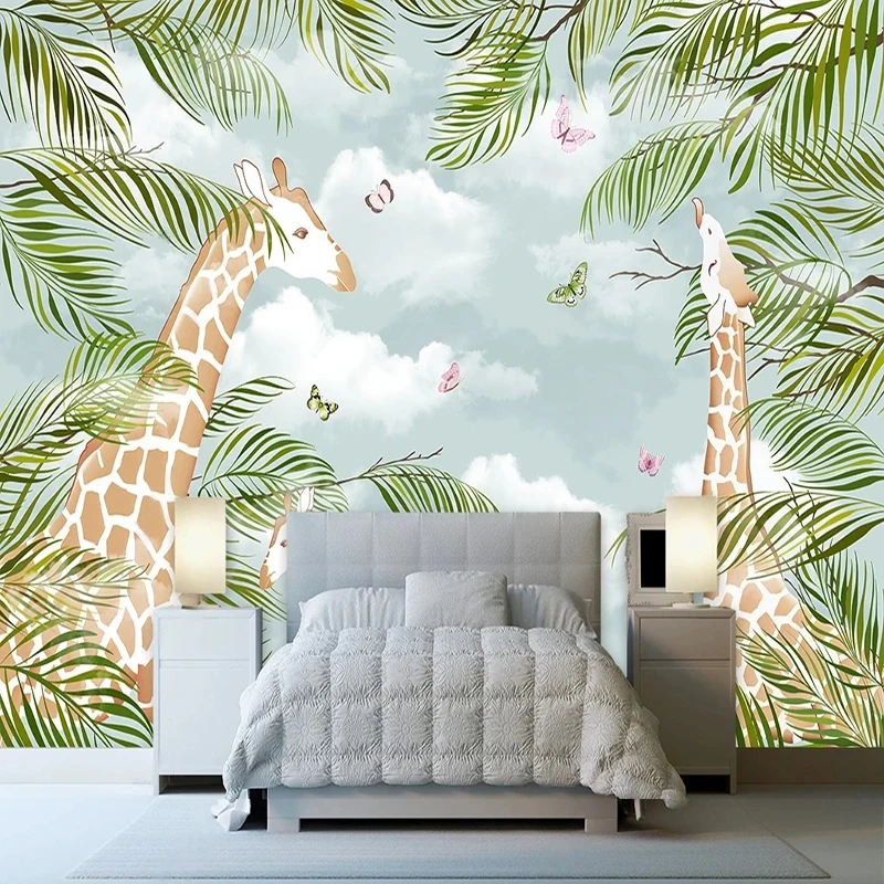 

Custom Any Size Self-Adhesive 3D Cartoon Giraffe With Green Leaves Background Wall Papel De Parede Tapety Infantil Sticker Tapet