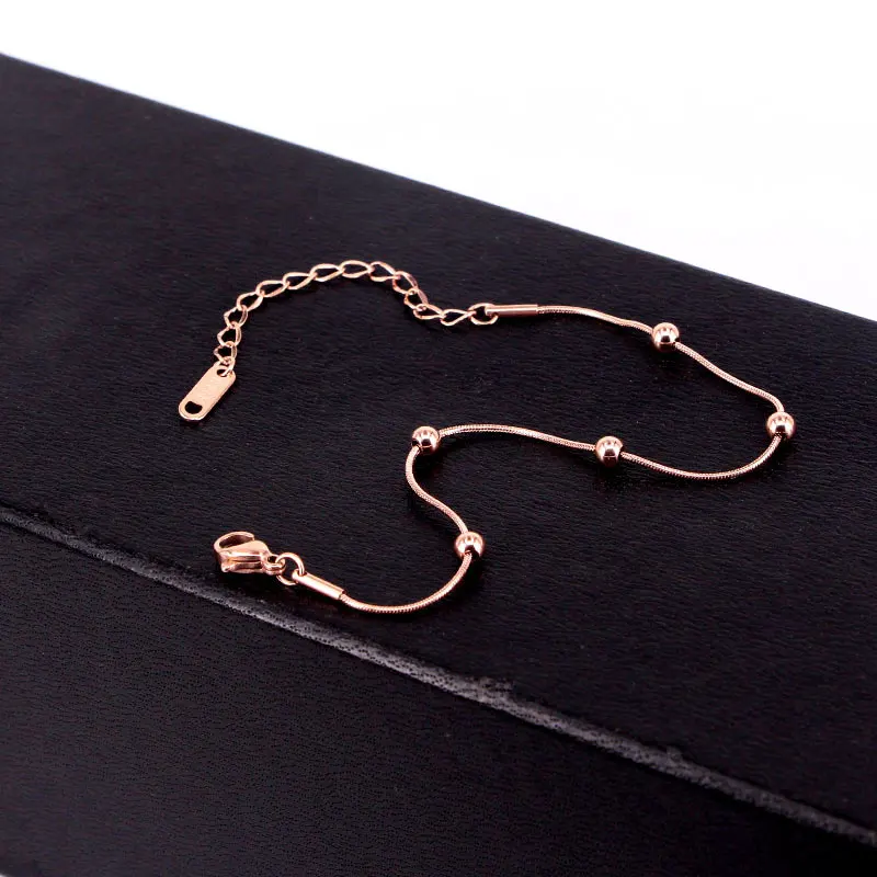 High Quality Simple Snake Bone Chain 5 Bead Anklet Stainless Steel Rose Gold Color Anklet For Women Gift Length 20cm + 5cm