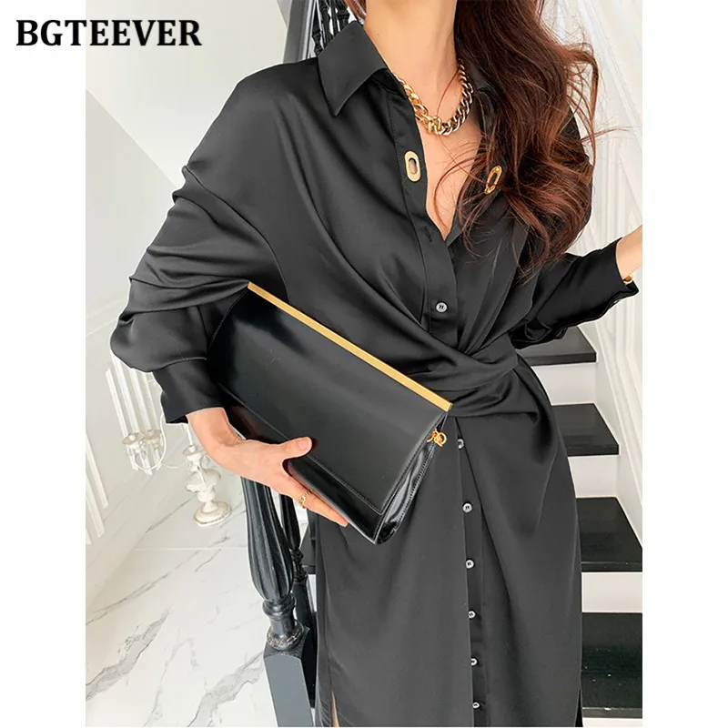BGTEEVER Summer Turn-down Collar Women Midi Dress Full Sleeve Single-breasted Female Shirt Dress Ladies Side Split Solid Vestido