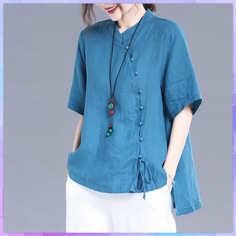 2XL Plus Size Solid T-shirt Summer Cotton And Linen Top Women Retro Stand-up Tee Shirt Collar Ramie Short-sleeved Loose Tshirt