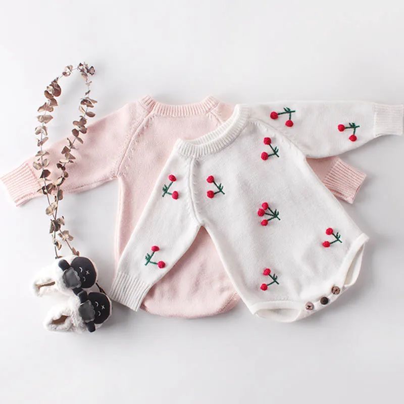 

Baby Girl's knit Rompers Long Sleeve Wool Knitted Cherry Rompers Baby Princess Triangle Jumpsuit Toddler Autumn Winter Clothing