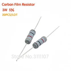 Resistencia de película de carbono 3W 5% 1R ~ 1M 2.2R 4.7R 10R 33R 36R 47R 1K 4,7 K 4K7 100K 1M 10 22 33 47ohm, resistencia de película de óxido, 20 unids/lote