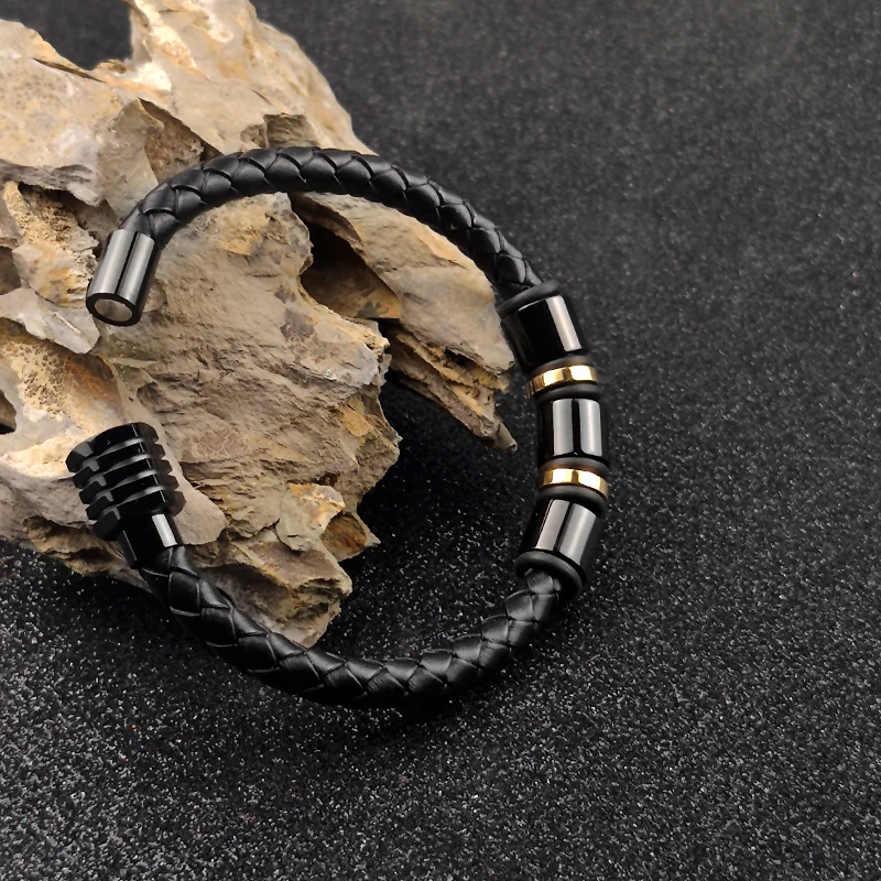 MingAo Customized Engraved Name Single Leather Beads Braclet For Men Women Punk Black Stainless Steel Beaded Bracelets