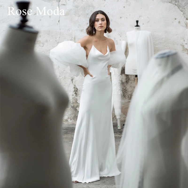 Moda rosa simples sem costas praia vestido de casamento feito sob encomenda