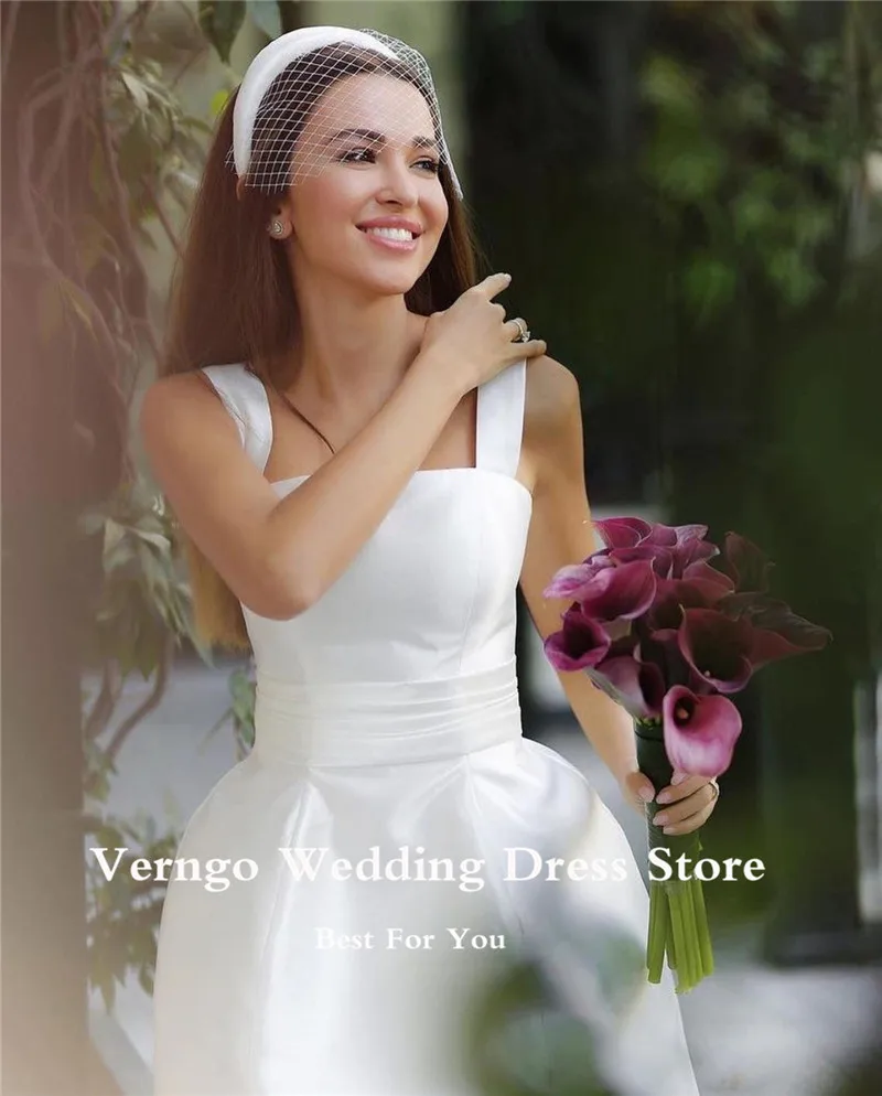 Verngo-vestido de novia corto de satén con tirantes, minivestido de fiesta con lazo en la espalda, tutú