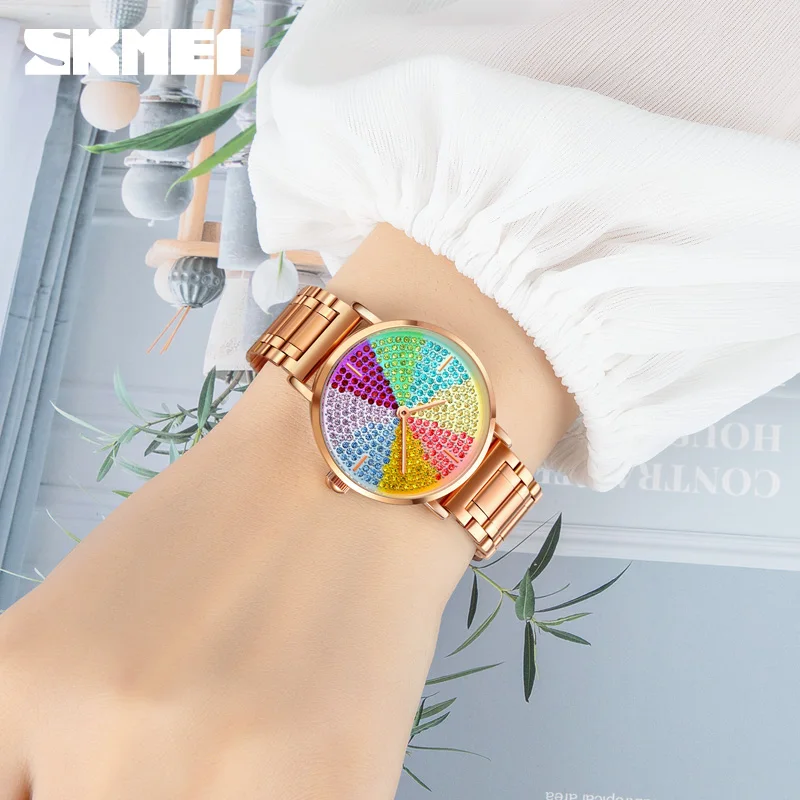 SKMEI Women's Quartz Watch Colorful Rhinestone Female Hand Clock Fashion Luxury Waterproof Wristwatches Gift For Lady Girl 1811