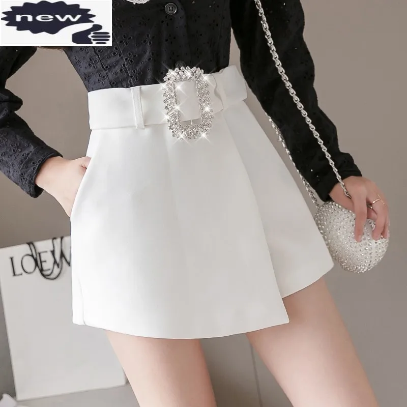 

Asymmetrical High Waist Skirts Women Fashion Diamonds Sashes Slim Fit Wide Leg Office Ladies Black White OL Shorts