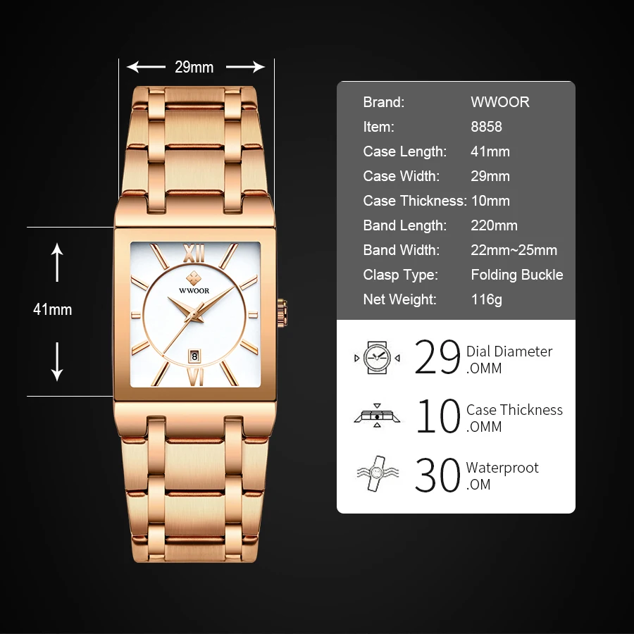 WWOOR-Reloj cuadrado para Mujer, pulsera de lujo, color oro rosa, nuevo diseño, 2024