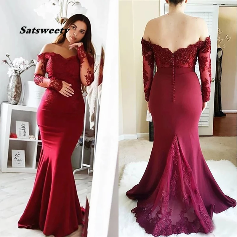 Stretch Beadless Plus size formal Bridesmaid Dress Long Sleeve Floor Length V-neck Decal Evening Dress