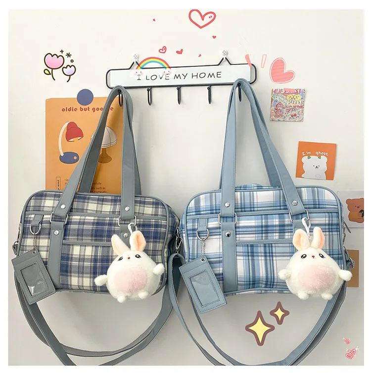 Japan JK Retro Shoulder Bag Ladies Fresh Plaid Design Uniform Messenger Bag PULeather Handbag Student Rabbit Pendant Cosplay Bag