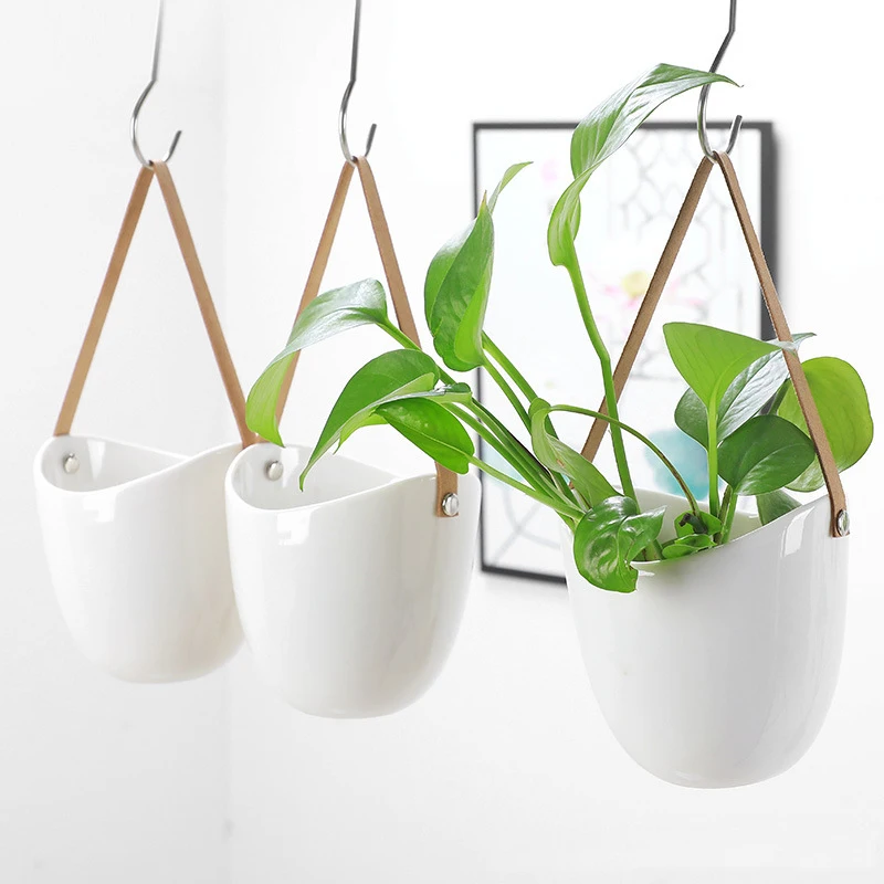 New Hanging Pot White Ceramic Vase Succulent Hydroponic Flower Pot Belt Wall Hanging Orchid Potted Plant Home Garden Decoration