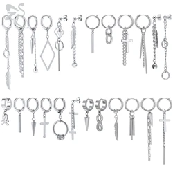 ZS 6 Pcs/lot Kpop Drop Earrings For Men Women Silver Black Color Stainless Steel Tassel Cross Round Pendant Earring Accessories