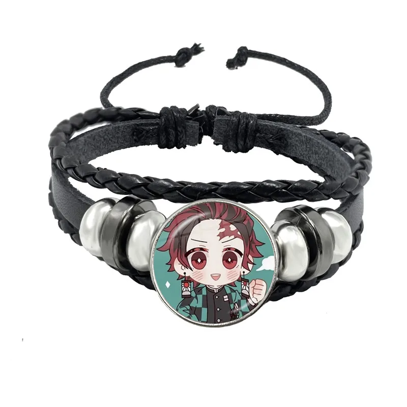 Anime Demon Slayer: Kimetsu No Yaiba Kamado Tanjirou Cosplay Bracelet Cartoon Collect Glass Cabochon Leather Bangle Jewelry Gift