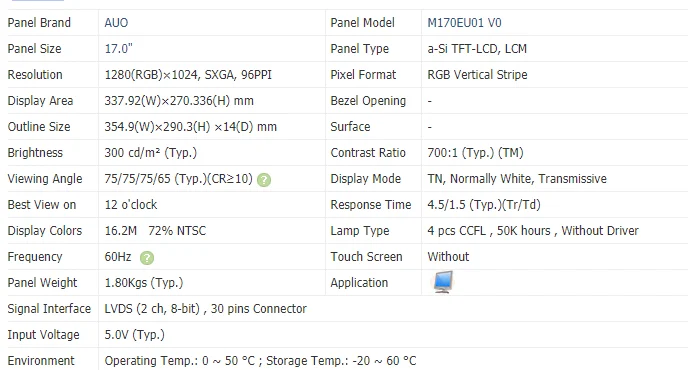 AUO LCD Screen  M170EU01.0  M170EU01 V0  M170EU01 V.0   Display Panel  17 inches