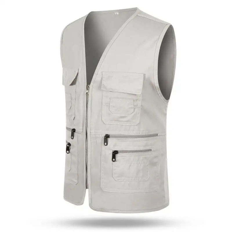 New Vest Men Casual Sleeveless Cargo Jacket Multi Pocket Waistcoat Fashion Outdoor Vest Solid Color Zipper Vests Mens Clothing